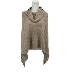 Chicos Tan Metallic Cowl Neck Fringe Sweater Poncho OS